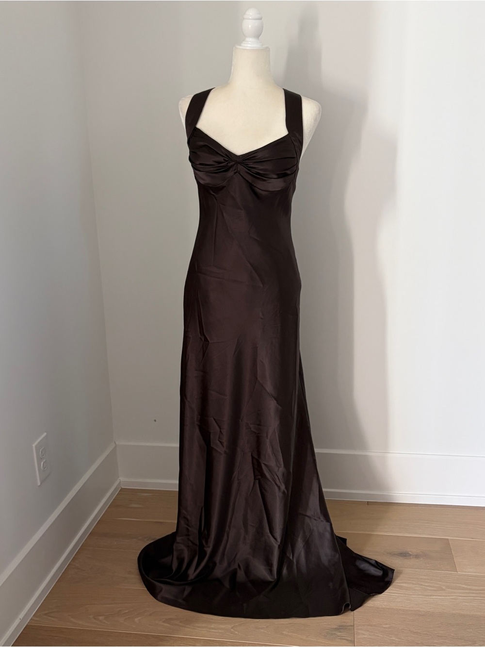 Mary L Couture Chocolate Brown Satin Maxi Gown